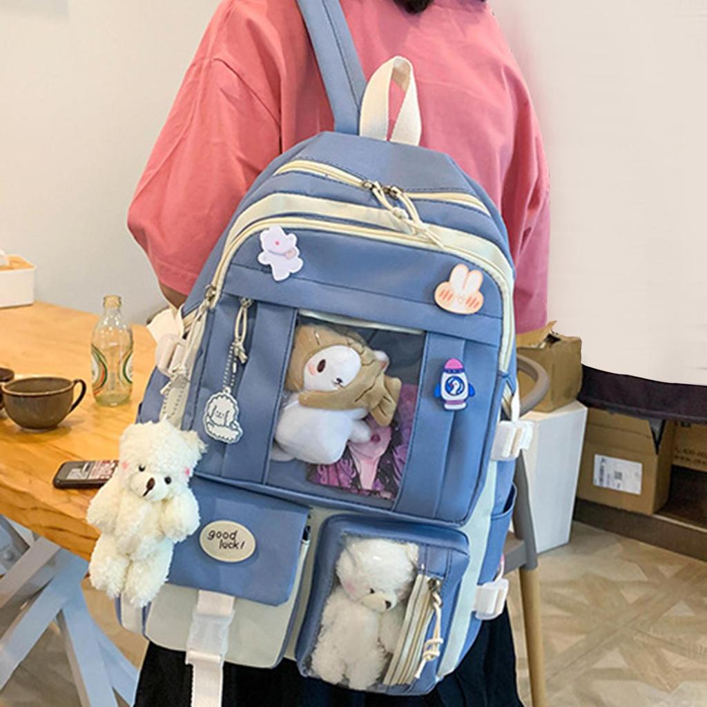 5 Pieces Cartoon Women Backpacks Schoolbag Travel Bag Durable Daypack Teenager Adjustable Shoulder Straps Multi Pocket Student