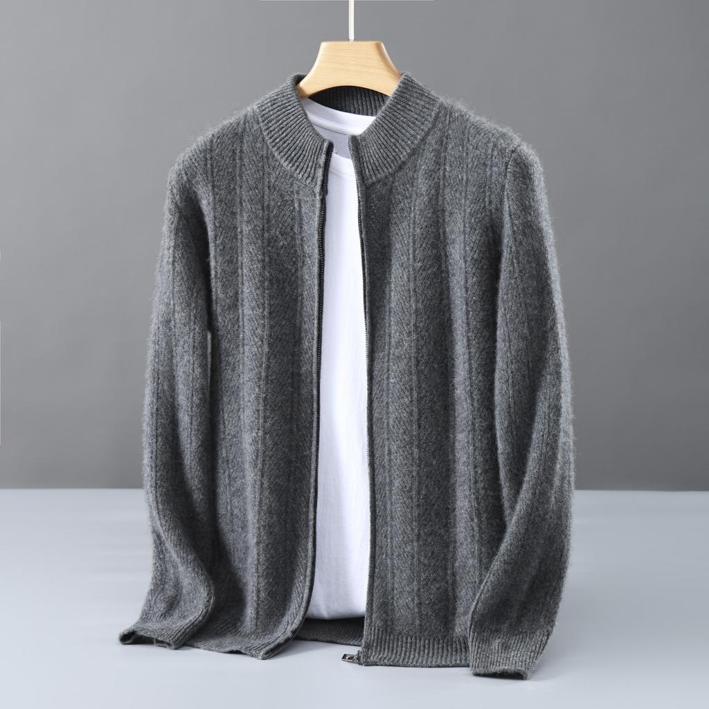 100% Pure Wool Knitted Jacket Men'S Wheat Ear Jacquard Business Casual Stand-Up Collar Zipper Cashmere Cardigan Loose And Versatile