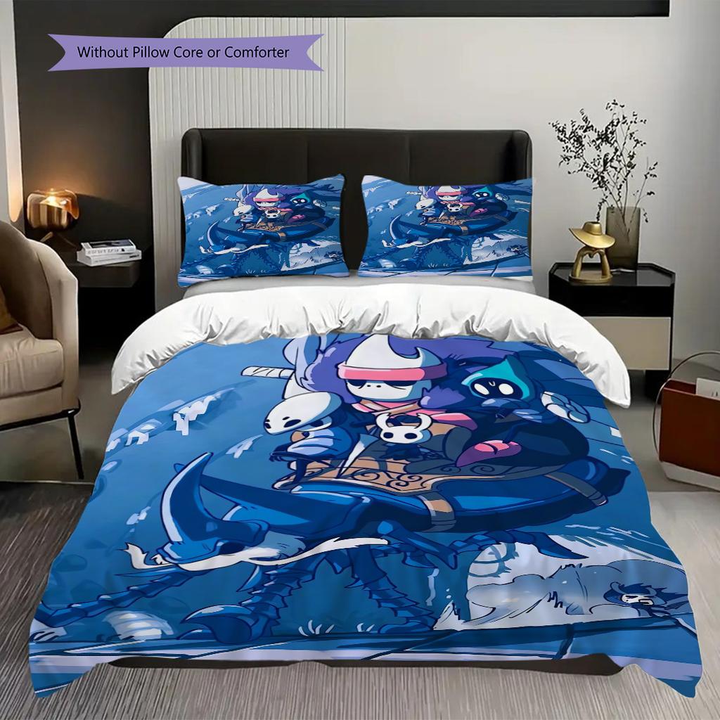 Ropa de cama del Reino de Hollow Knight (1 * funda nórdica + 2 * fundas de almohada, sin núcleo) Juego de cama plano 2D Funda nórdica y funda de almohada Suave y cómodo