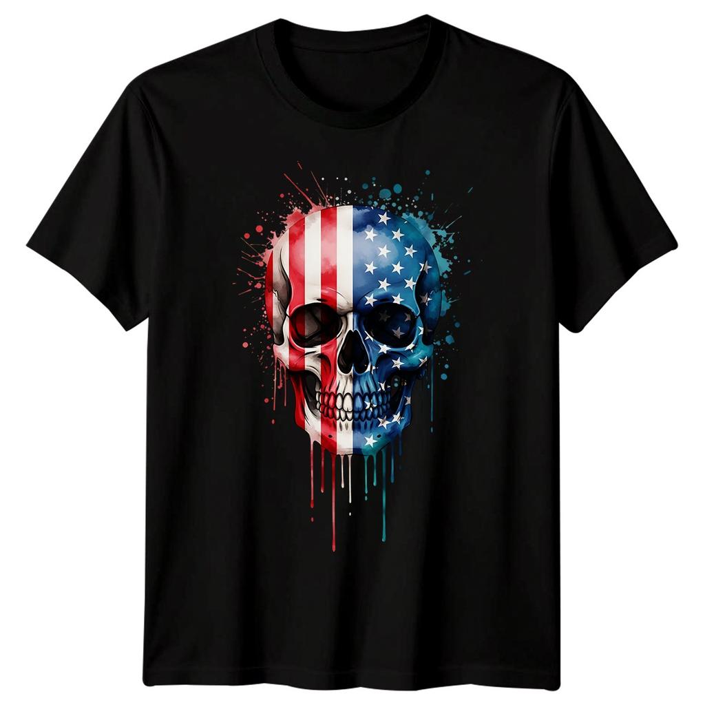 American Flag Skull Watercolor Patriotic Mens 100% Cotton T-shirt Mens Tees Top Womens Tee Graphic Shirt