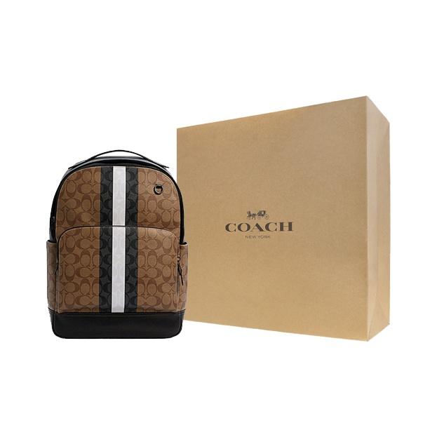 Coach Graham 29 Monogram Stripe Canvas And Leather Backpack Large Men Backpack Khaki Black C3230-QBE7V
