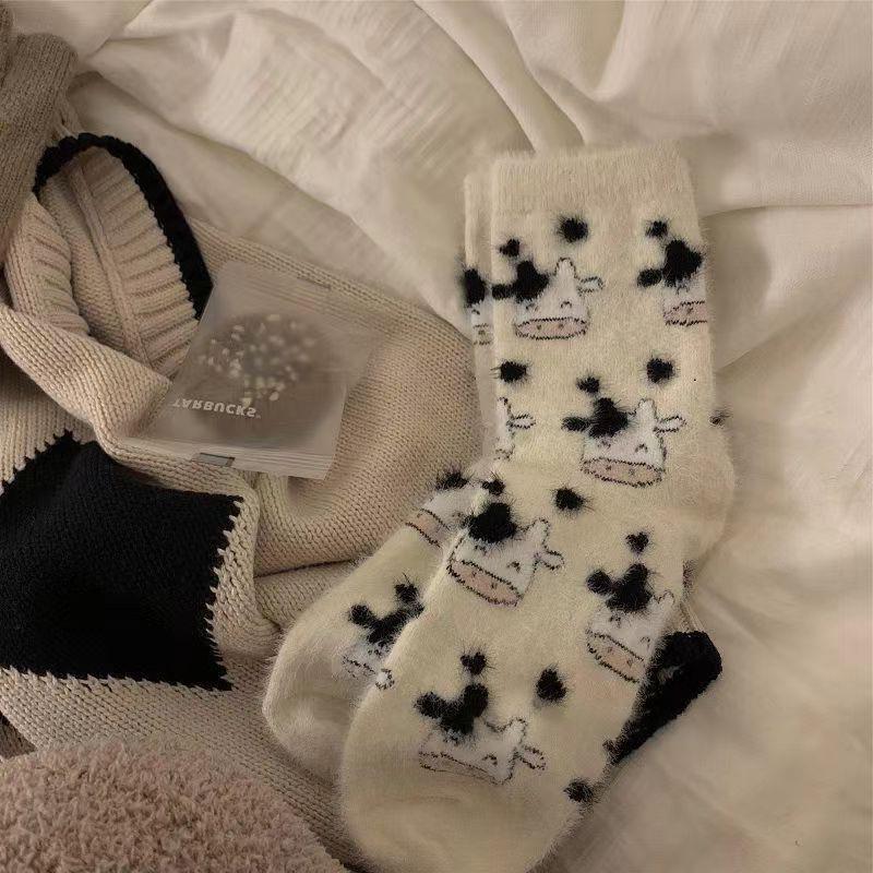 Cow Print Mink Plush Socks For Women Girl Mid Tube Stockings Warm Coral Velvet Sleep Floor Sock Winter Thermal Slipper Funny Sox