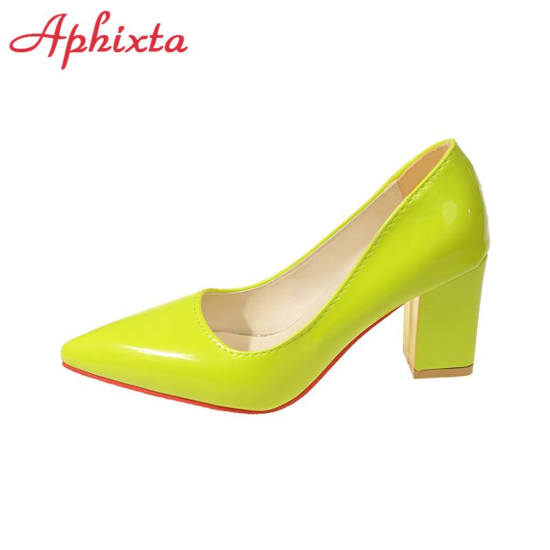 Fashion Aphixta Plus Size 35-53 Hot Sale 2.75Inch Square Heel Patent Leather Shoes Women Pumps Red Sole Work Pointed Toe