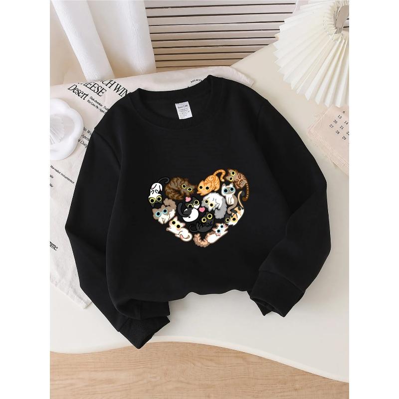 Girls' Crewneck Sweatshirt - Cute Cats In Heart Shape Pattern Machine Washable, Spring And Autumn, Sportswear And Casual Wear, Soft