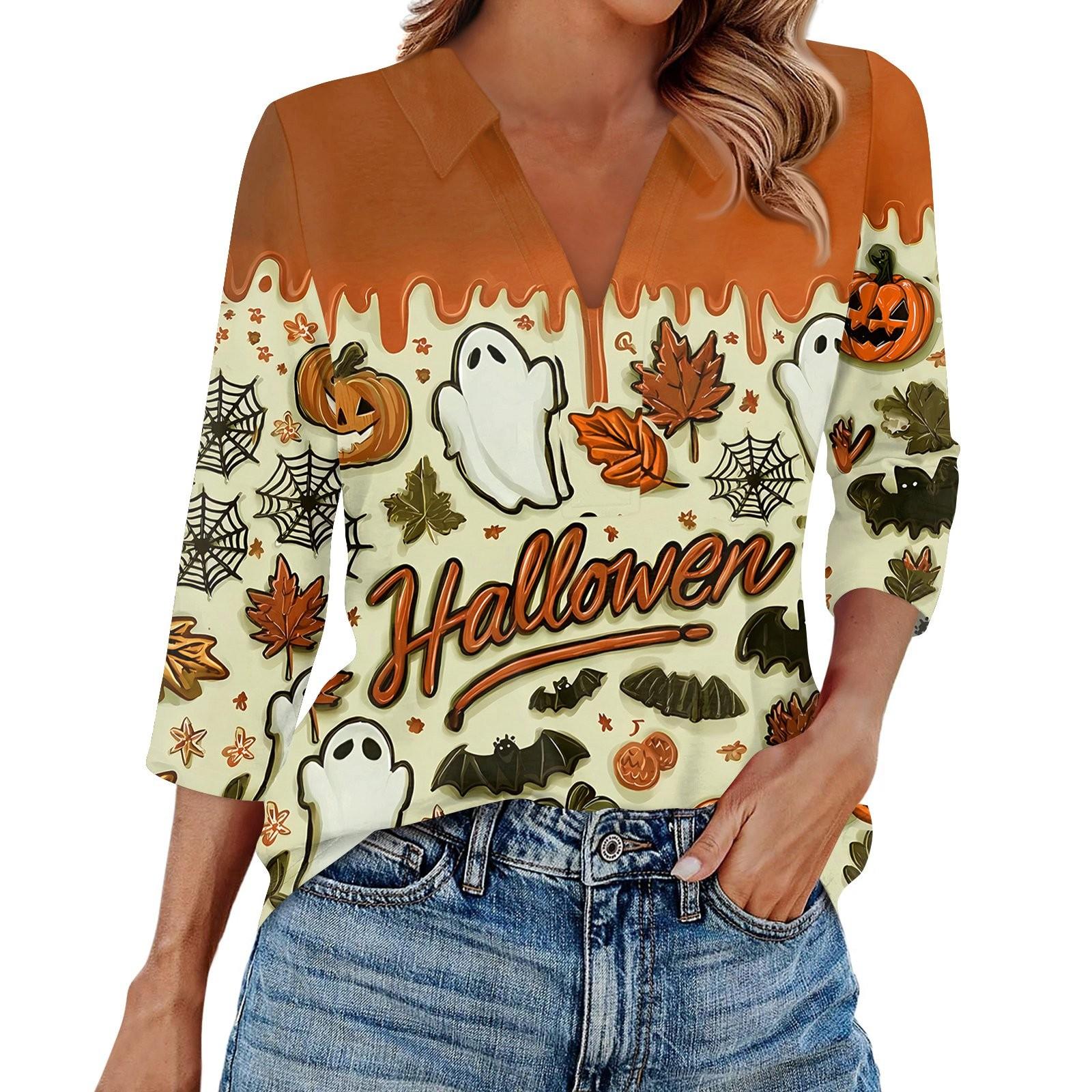 

Women s Fashion Casual Lapel 3/4 Sleeve Halloween Print Shirt Women s V-Neck Tops L