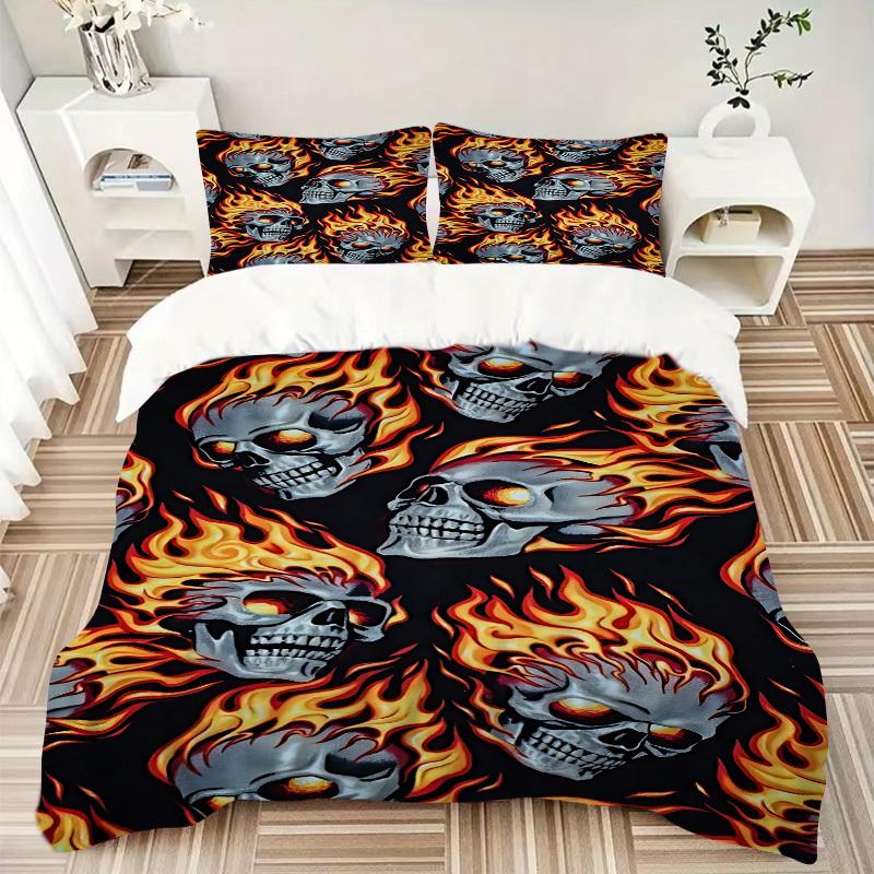 3pcs Bedding Set Flaming Skulls Includes 1 Comforter + 2 Pillowcases, Without Pillow Inserts, Soft Comfortable, Lightweight Breathable136
