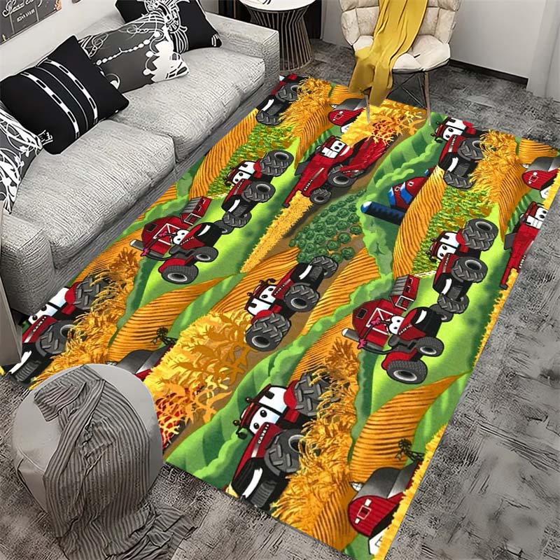 Farm Tractor Themed Play Rug, Soft Non-Slip Carpet with Green Harvesters & Crops Pattern, for Kids Bedroom & Playroom