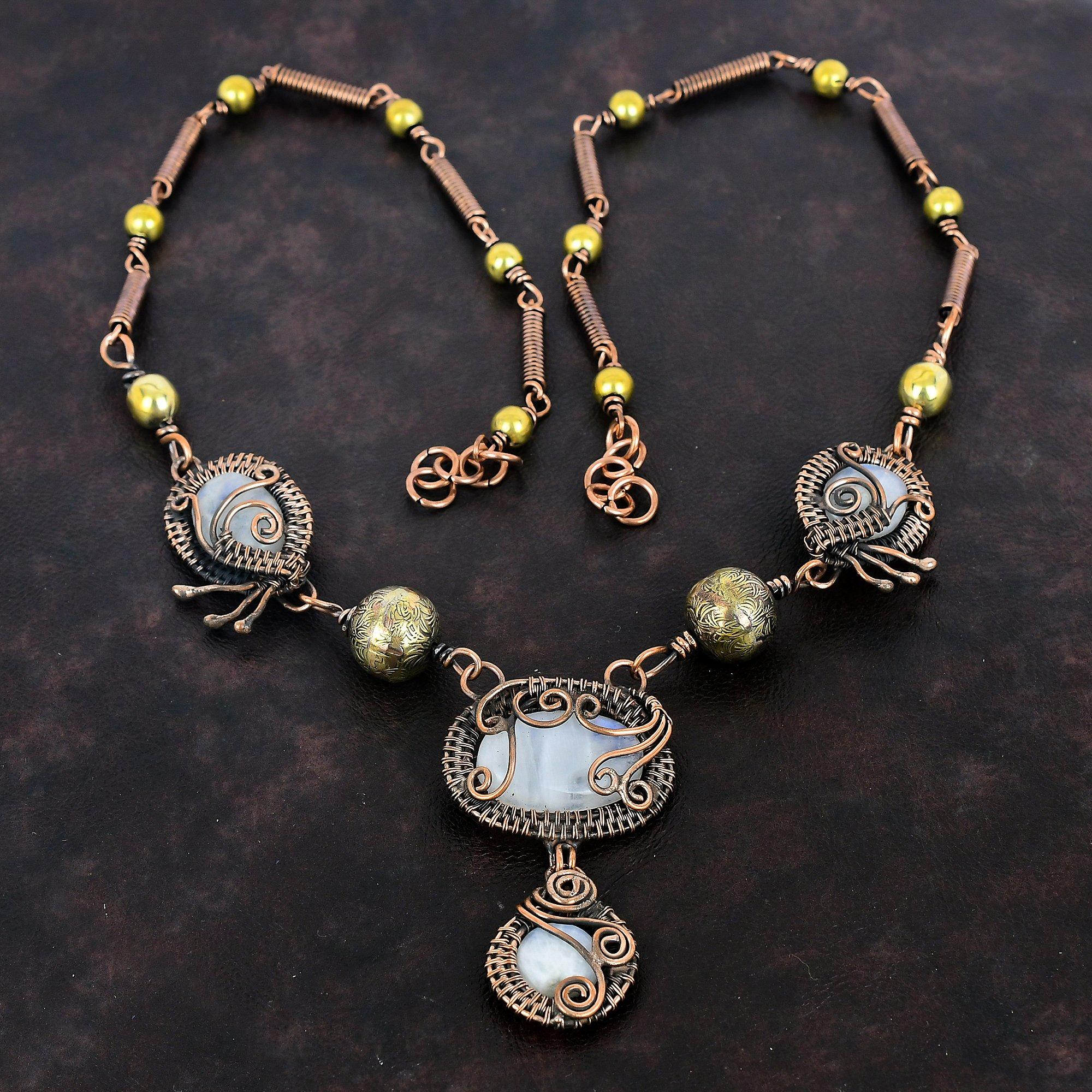 

Ожерелье из радужного лунного камня, обмотанное медной проволокой, регулируемое ожерелье, украшения из драгоценных камней, ожерелье ручной работы, медные украшения, подарки для жены Adjustable