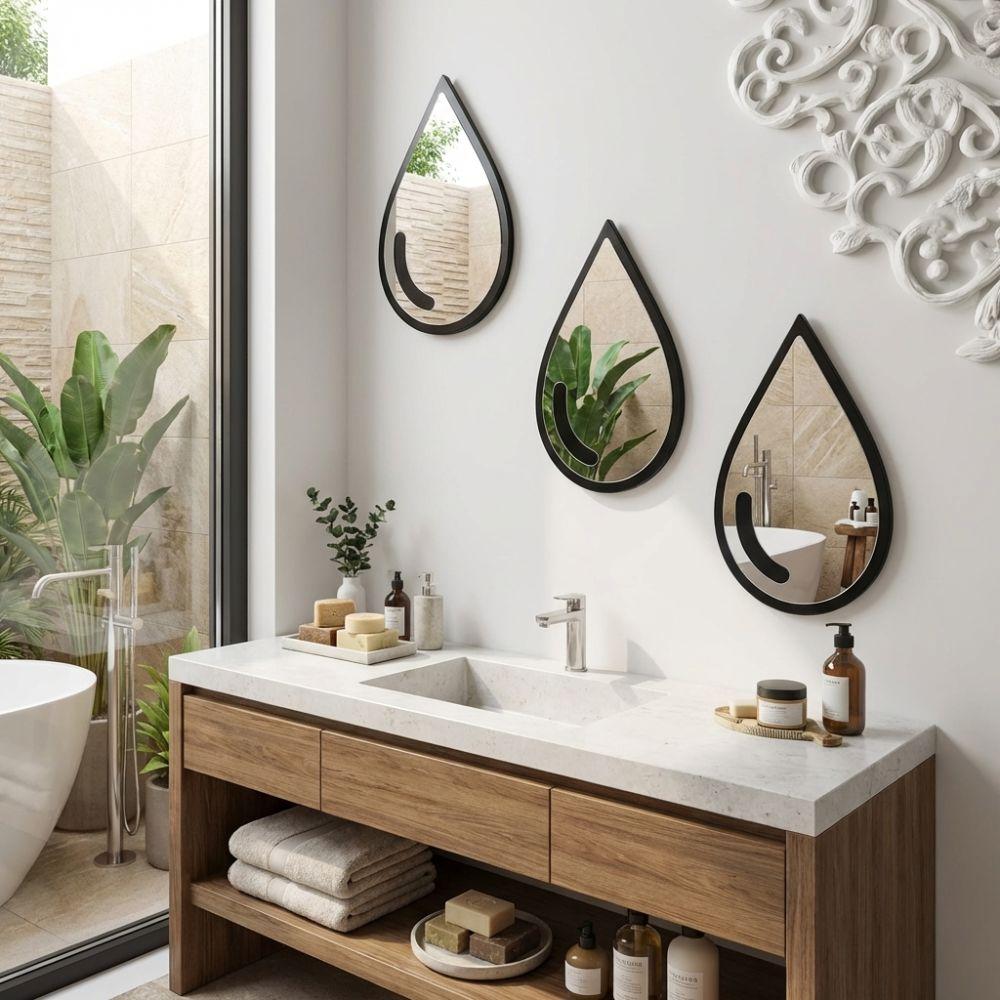 3Pcs Black Frame Acrylic Mirror Wall Stickers Self-Adhesive Teardrop-Shaped Mirror  Living Room