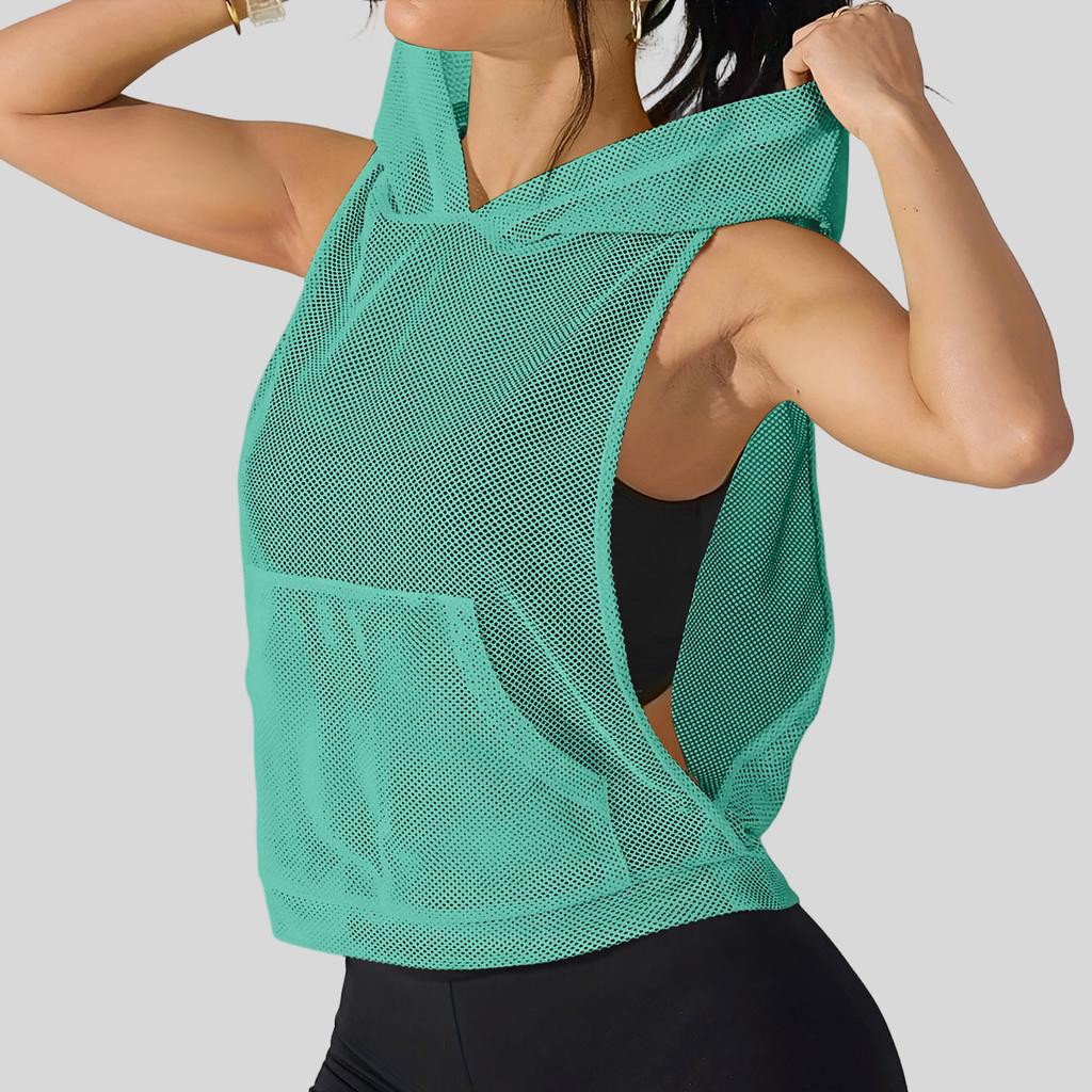 Women Loose Fit Pullover Mesh Hooded Tank Top Lightweight Breathable Fitness Vest Sleeveless Sport Shirt for Gym Yoga Running