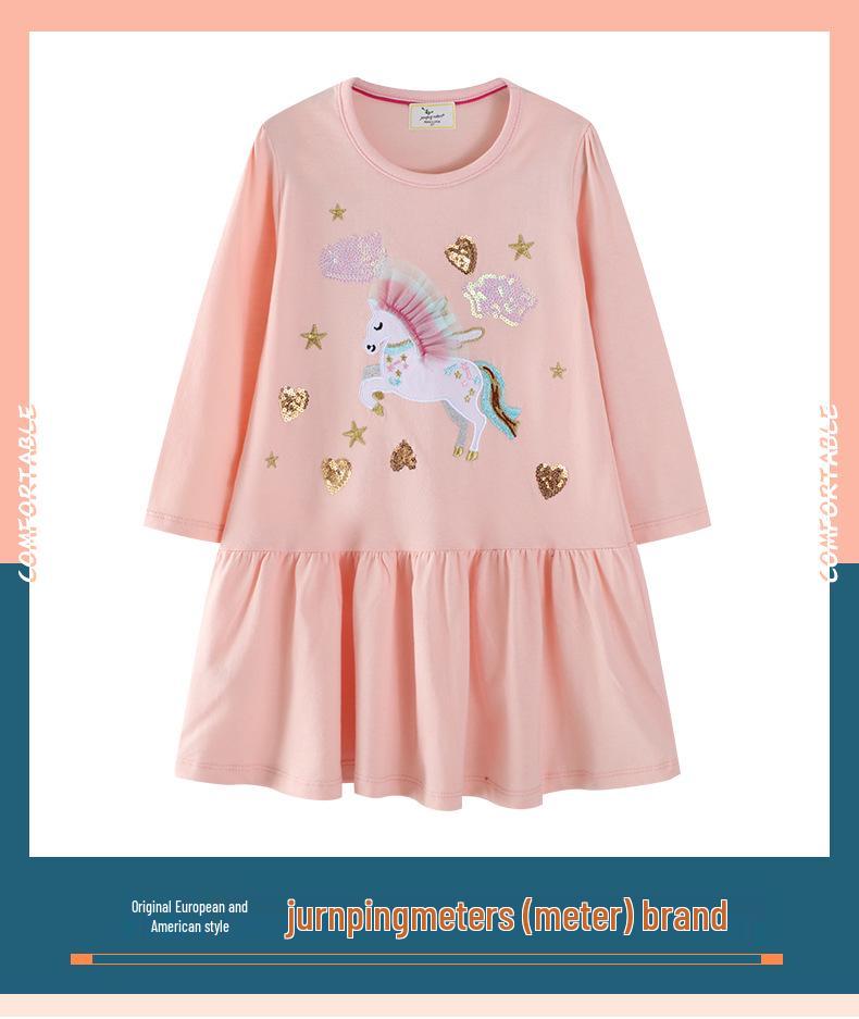 European Autumn Unicorn Embroidery Long Sleeve Princess Dress for Girls