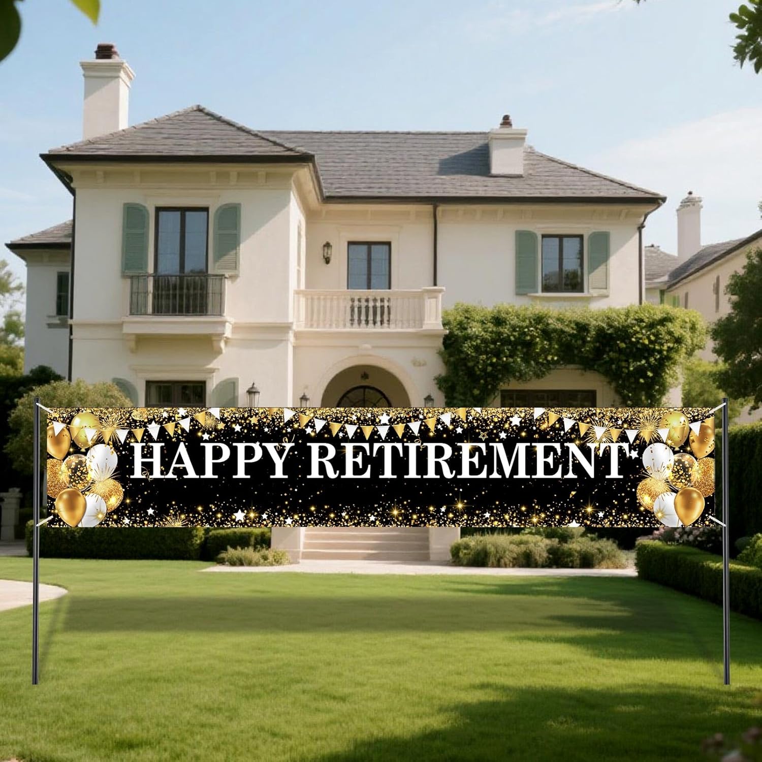 Black Gold Happy Retirement Banner for Women Man, Large Retirement Yard Sign for Porch/Fence/Lawn Decorations - Retire Party Supplies & Hanging Decor