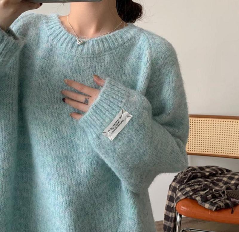 

Свободный женский мятный een Lazy Sle Молочно-голубой свитер Повседневная высококлассная верхняя одежда Длинный рукав круглый вырез Девичья осенняя мода S