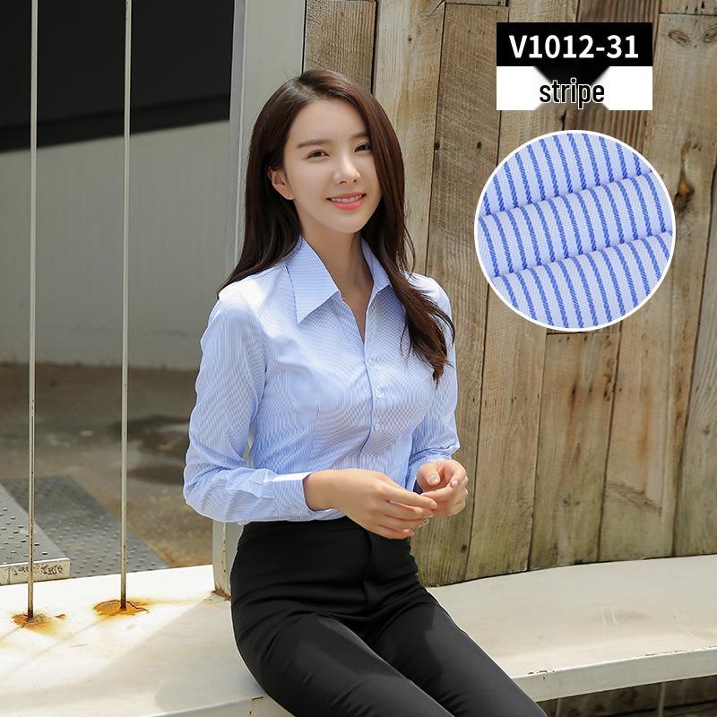Women's 2025 Long-Sleeved White V-Neck Cotton Shirt - Slim Fit Professional Wear