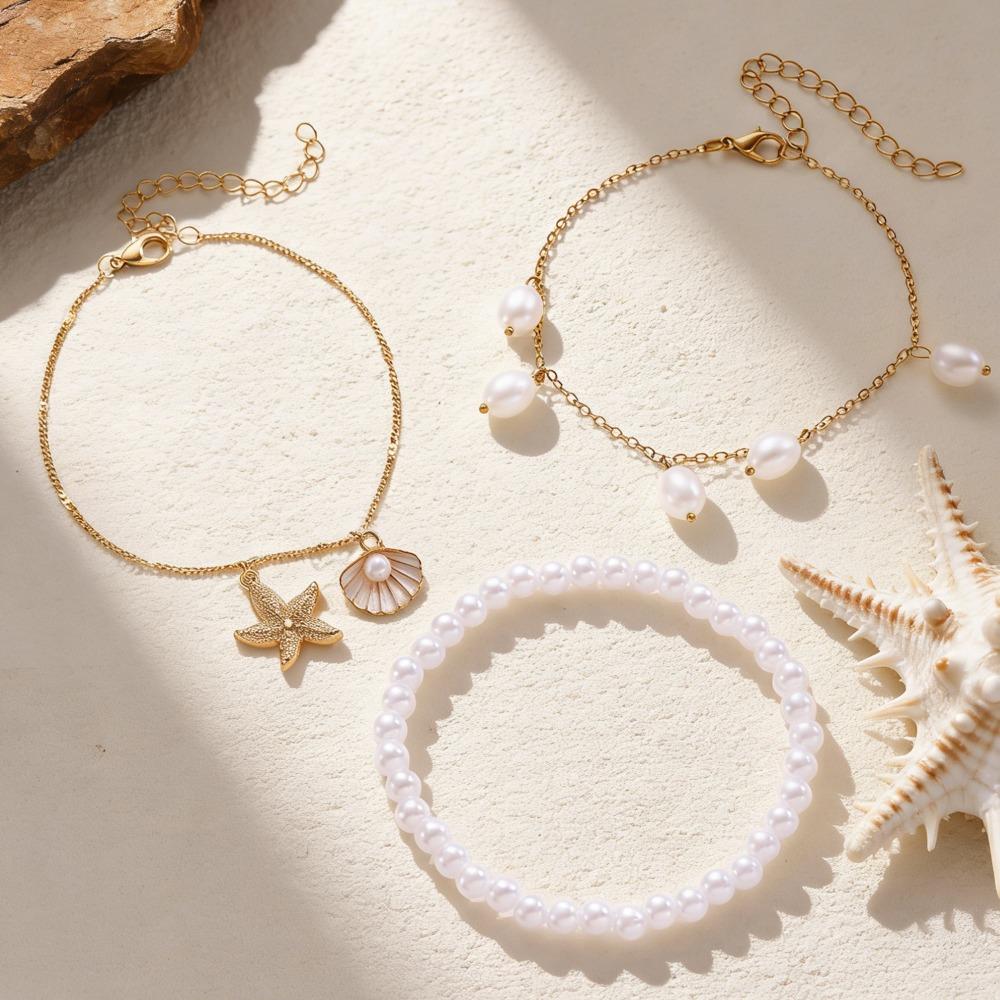 3pcs Set Creative Retro Starfish Conch Imitation Pearl Shell Beaded Stackable Anklets for Women Bohemian Vacation Jewelry Gifts