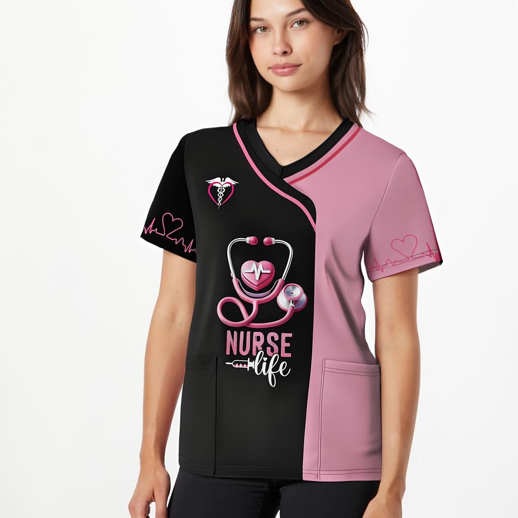 2025 Women's Summer Clothes Stylish Barber Uniform - Black V-Neck T-Shirt with Scissors Comb Print Perfect for Hairdressers