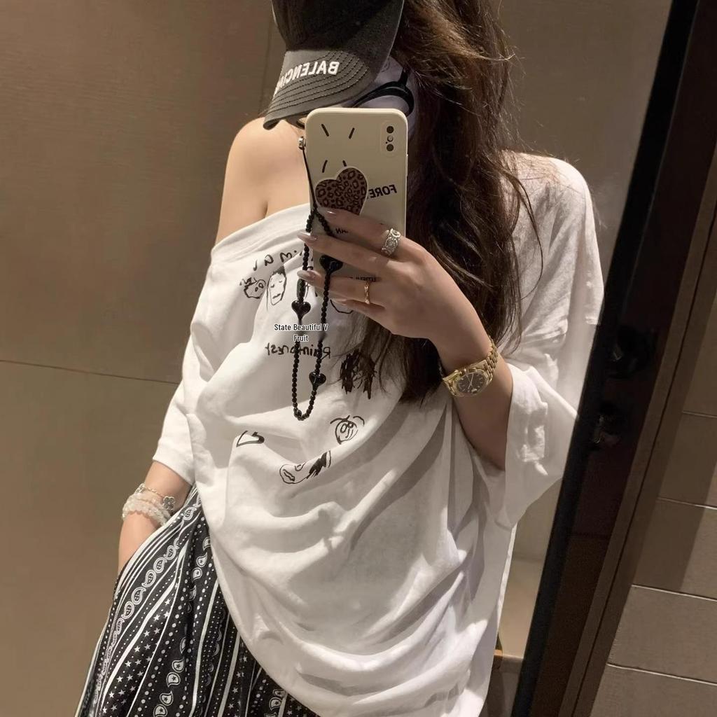 Korean Casual Off-the-Shoulder Women's Summer T-Shirt - Slanted Loose Fit, Short Sleeve Top.