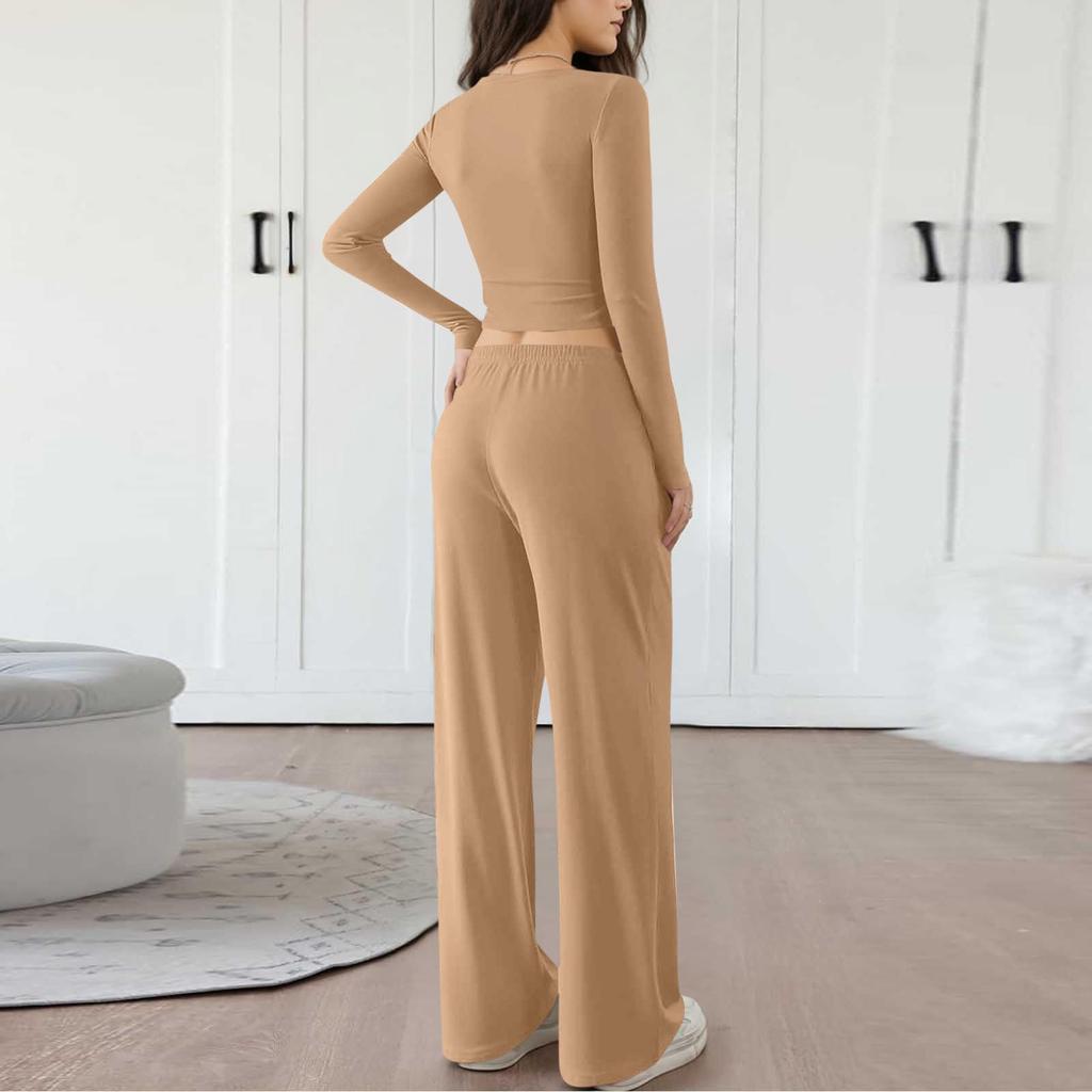 Fashionable Women's Long Sleeve Wide Leg Pants Sports Outfit Loose Two-Piece Set