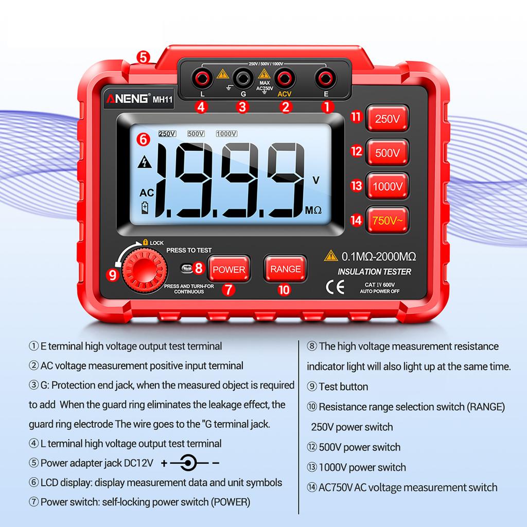 Aneng 250v/500v/1000v Digital Insulation Resistance Tester Backlight Display Megohm Meter (without Battery)