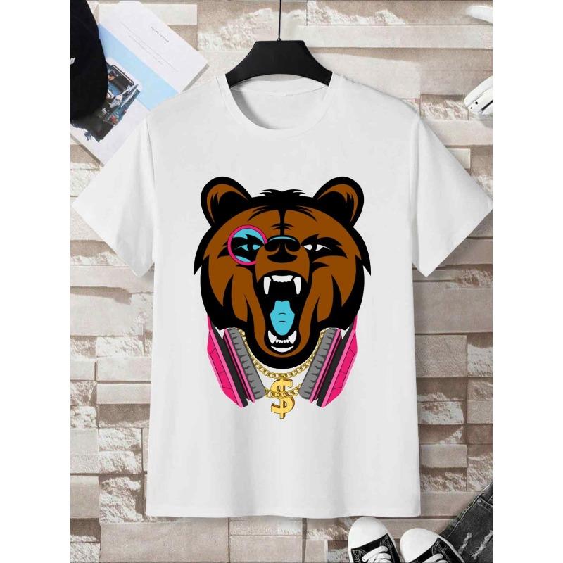 

European sizes Men s White Bear & Golden Dollar Sign Graphic T-Shirts - Soft Short Sleeve Casual Crew Neck Tees with Golden Chains & Money Print 4XL білий