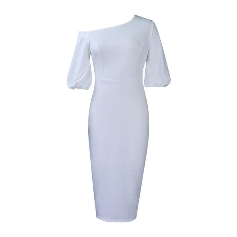 Women's clothing  summer new solid color slanted shoulder bubble sleeve temperament Tongle large size dress