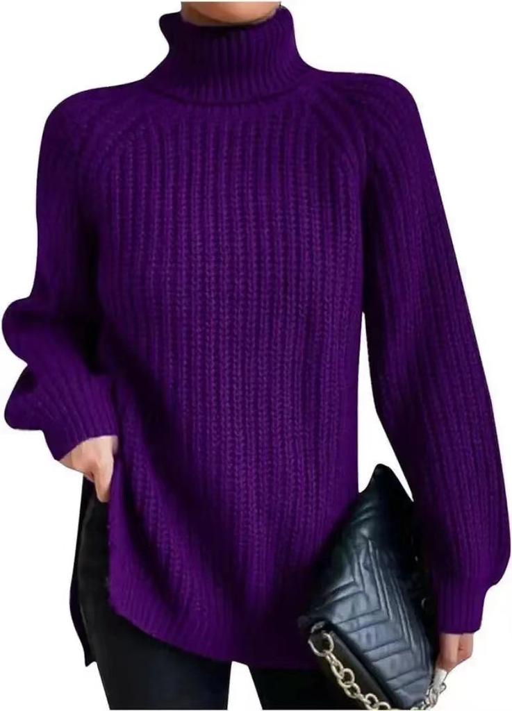 2026 autumn and winter new cross-border turtleneck knitted sweater medium and long shoulder sleeves high lapel split ends soft and comfortable women's