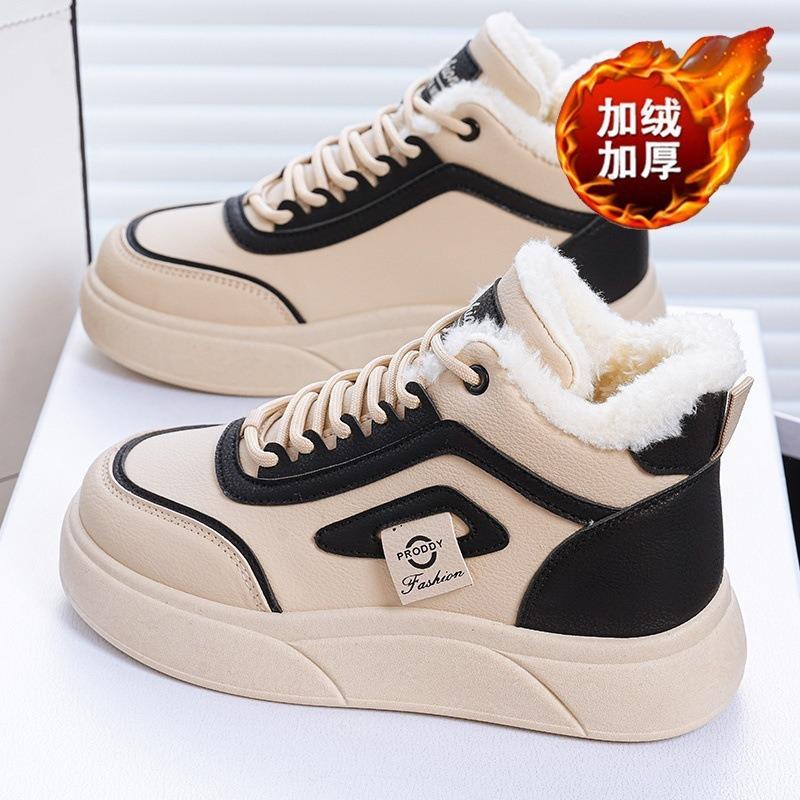 Women Korean Style Fleece Lined Thick Sole Warm High Top Casual Sneakers