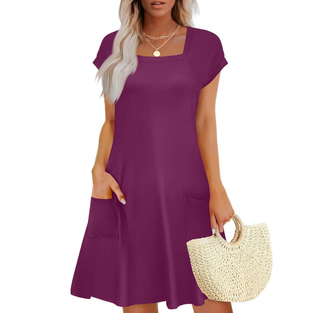 Summer Dresses for Women Loose Square Neck Cap Sleeve Casual Beach Vacation Tshirt Dress Sundresses with Pockets