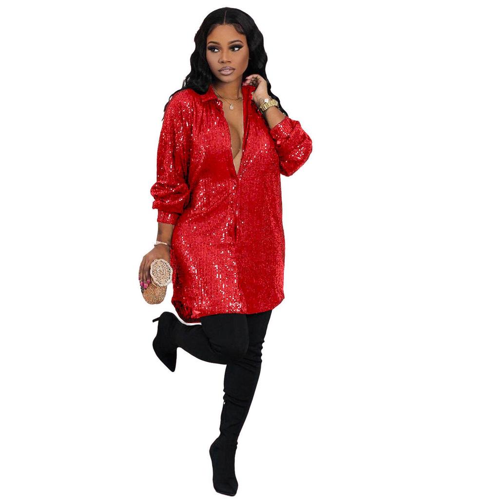 Stylish European & American Sequin Shirt Dress