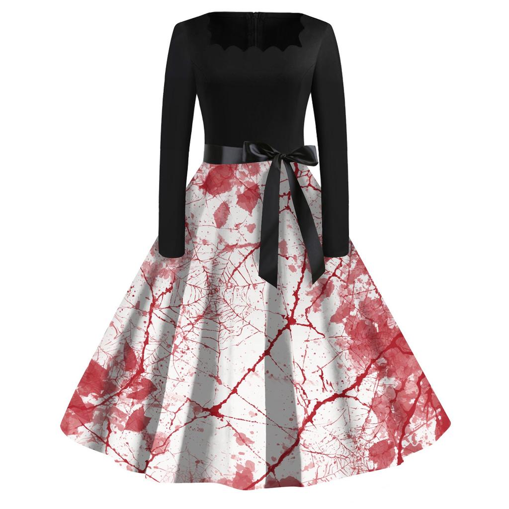 Women's Casual Fashion Halloween Printed Square Neck Vintage Dress
