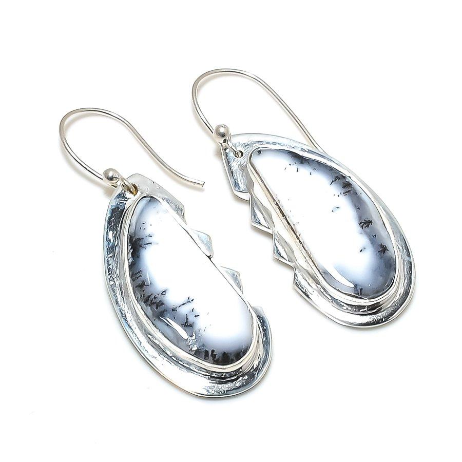 Dendrite Opal Gemstone Handmade 925 Sterling Silver Jewelry Earring 1.97" SU-10121