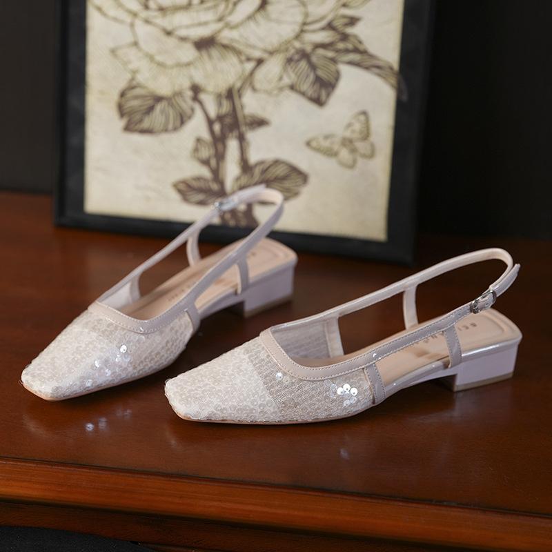 Retro Square Head High Heels Women's Low Heels Sequined Bag Head Sandals Women's Thick Heels Mary Jane Shoes Single Shoes