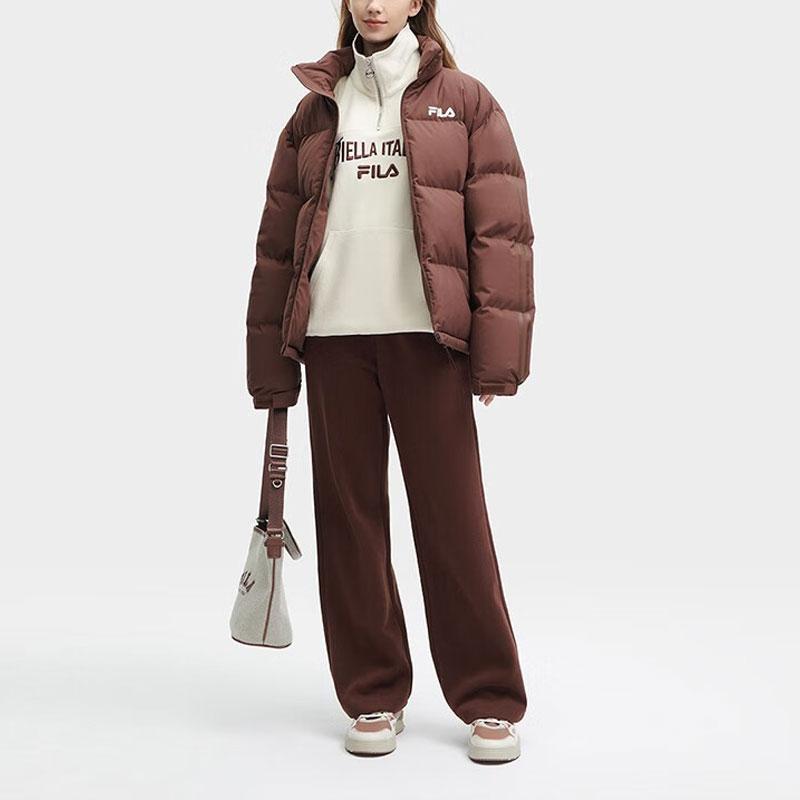Fila Letter Logo Print Lined Loose Thick Warm Jacket Down Coat Unisex Outerwear Pig-Liver F51U349901F-DK