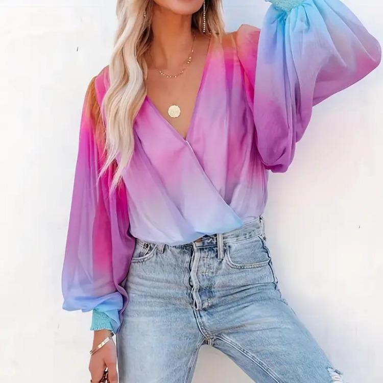 Women Casual Lantern Long Sleeve Blouse Gradient Print Surplice Neck Spring Fall Clothing