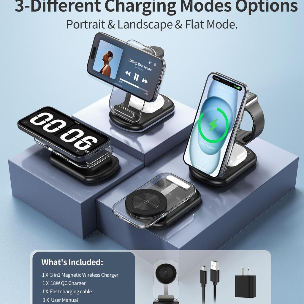 Foldable 3-in-1 Magnetic Wireless Charger for Apple Devices