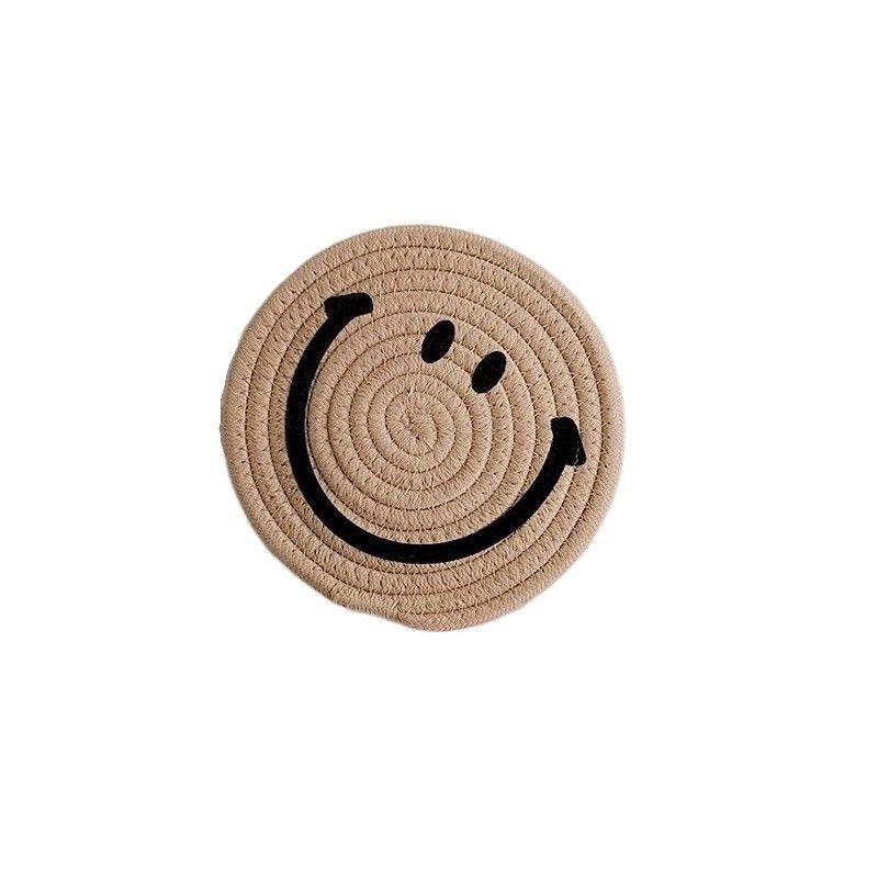 Smiling Face Round Mat Woven Ramie Placemats Anti Slip Dining Table Mats Non-Slip Tableware Bowl Pads Kitchen Drink Cup Coasters