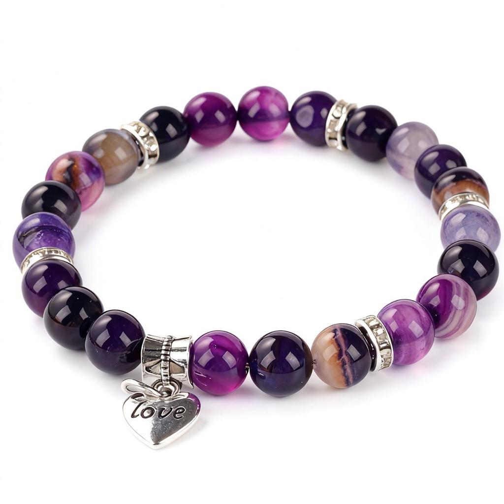 New Bohemian jewelry hand round bead chain love pendant beaded bracelet purple striped agate bracelet women