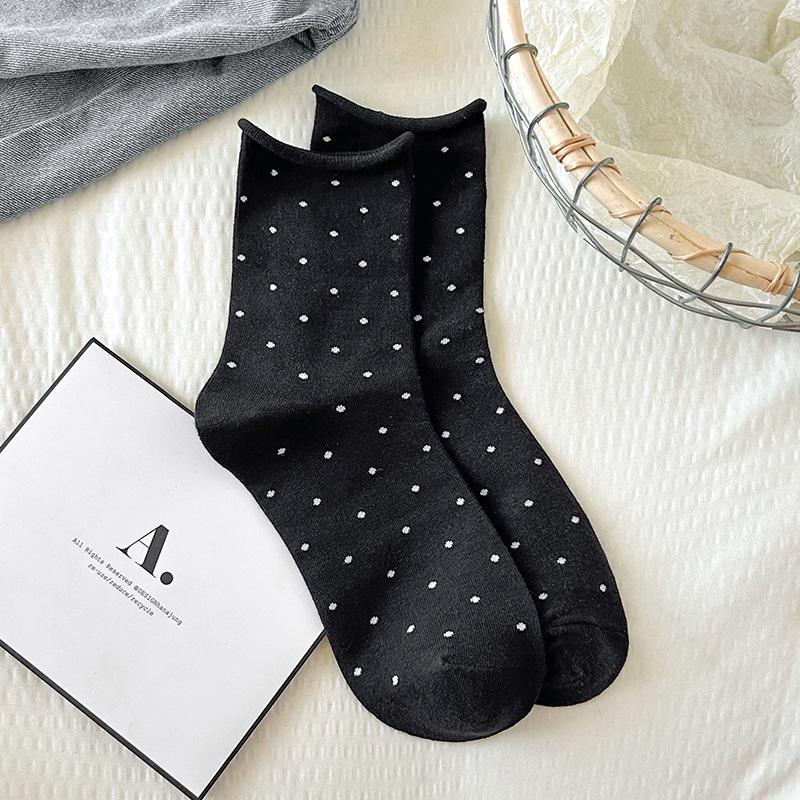 Polka-Dot-Baumwollsocken im koreanischen Stil für Damen – Atmungsaktiv, Weich, Wadenhoch, Umgeschlagener Rand, Lockere Passform – Perfekt für Frühling und Herbst