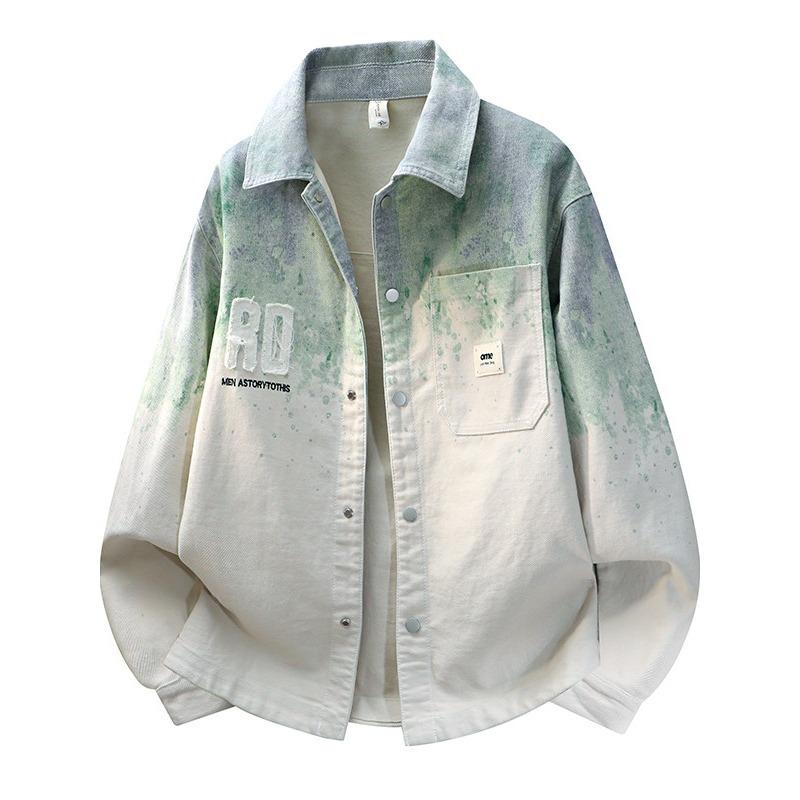 Trendy Men's Gradient Spray-paint Jacket, Classic Collar Button Placket Jacket, Oversized Streetwear Jacket for Daily Wear & Urban Styling