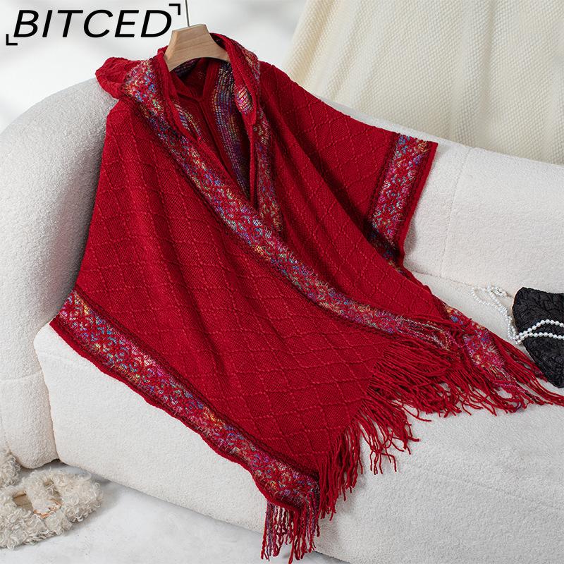 BITCED Fall/Winter Ethnic-Style Knit Hooded Fringe Cape Sweater Shawl Women's Outerwear