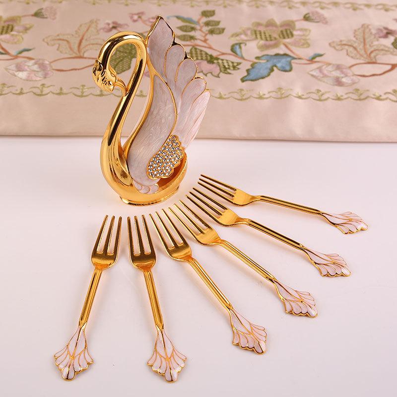 Decorative Dinnerware Set with Swan Base Holder Spoons and Forks for Coffee Fruit Dessert Stirring Mixing Ideal Gift Ideas