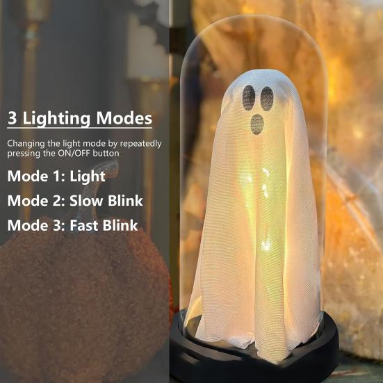 LED Ghost Decoration Halloween Indoor Light Up Ghost in Glass Cloche for Home Kitchen Mantel Tabletop Decor