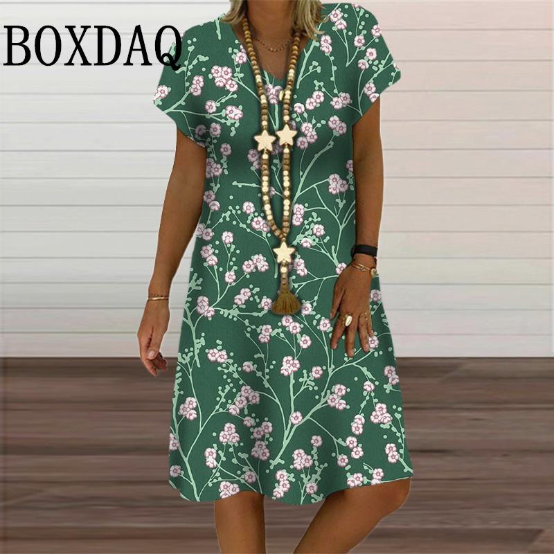 6XL Plus Size Dresses Women V-Neck Short Sleeve Floral Print A-Line Dress Casual Summer Retro Pullover Ladies Clothing Sundress