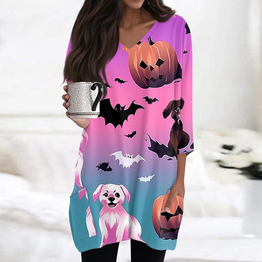 Damen Oberteile V-Ausschnitt 3/4 Ärmel Blusen Lässige Mittellange Hemden Mode Halloween Print Tunika Oberteile Mit Taschen