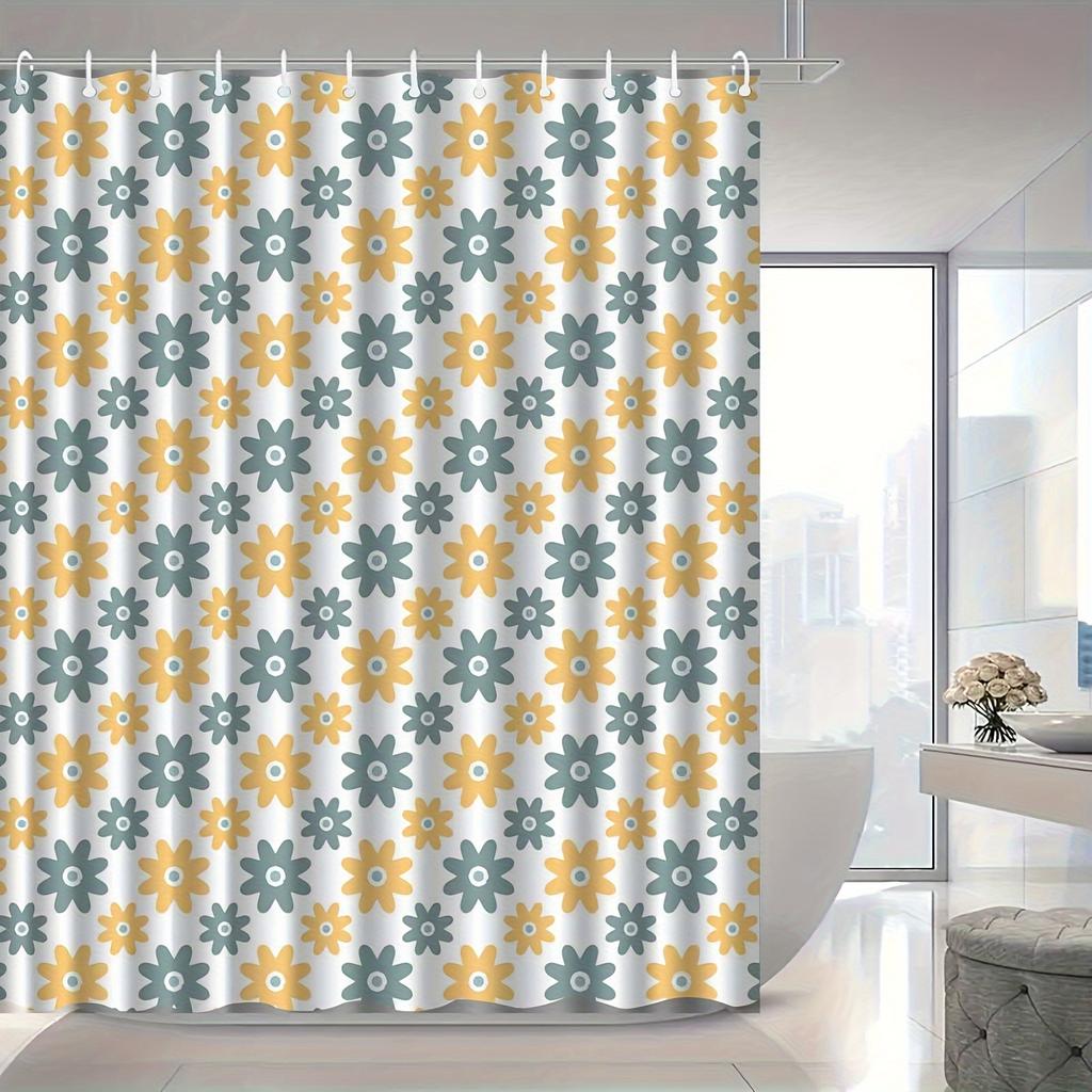 1pc Nordic Sunflower Shower Curtain - High-End & Fog-Proof Bathroom Decor, Vibrant Yellow & Teal Floral Pattern