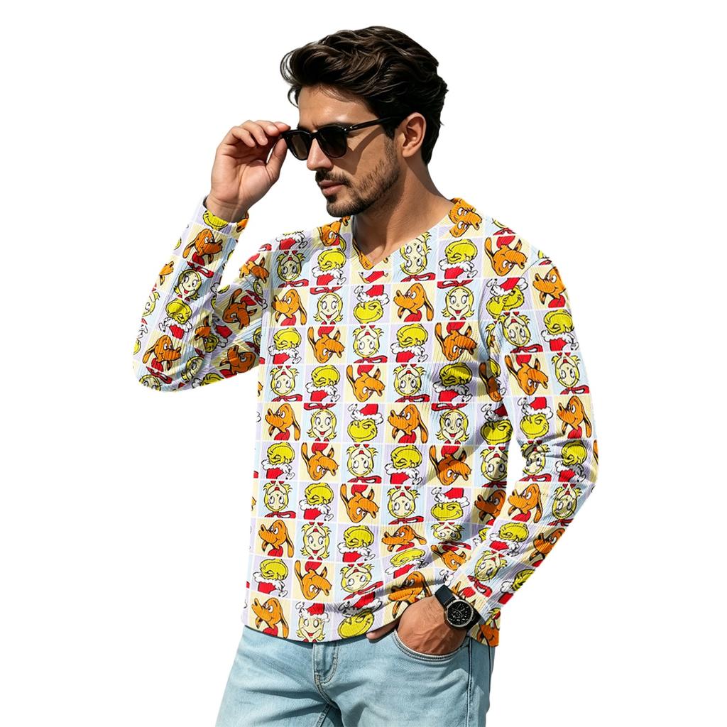 Men's Casual Street Loose Fit V-Neck Christmas Print Shirt