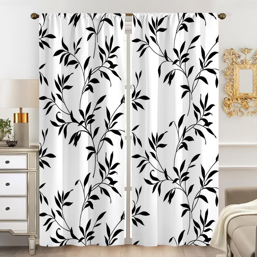 2PCS, Black and White, Minimalist Leaf Silhouette Pattern Curta, for Bedroom and Living Room, Rod Pocket Style