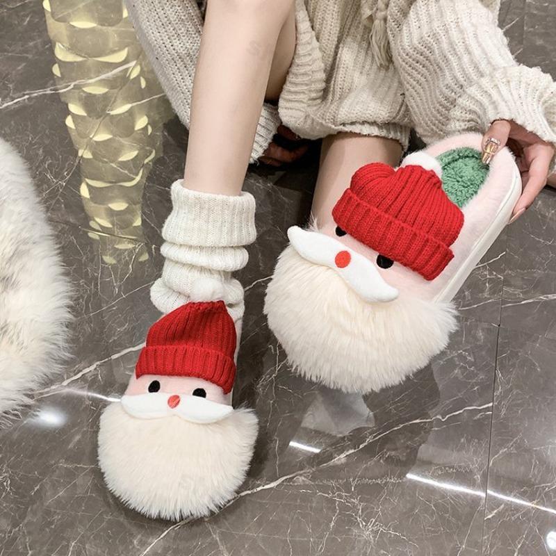 Fashion 2025 Winter New Fashion Santa Claus Design Casual Hairy Cotton Draggers for Women Soft Sole Comfortable Warm Cute Plush Slippers