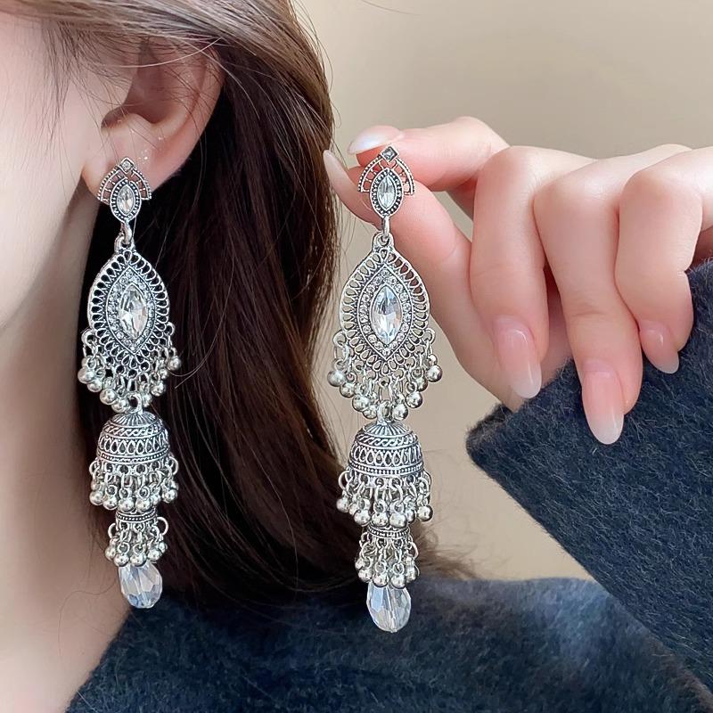 Ethnic Style New Arrivalretro Tassel Bell Earrings Women's Palace Inlaid Exaggerated Earrings Earrings