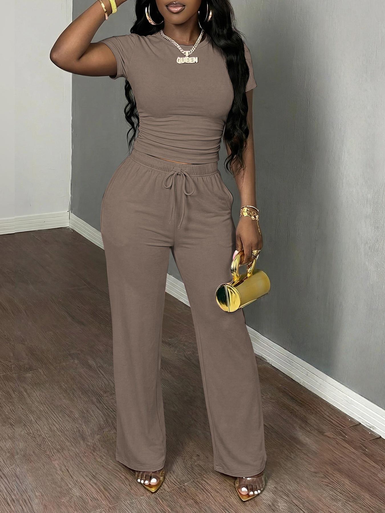 

Women s Two-Piece Set: Short Sleeve Pleated Top & Casual Sports Pants - Y2K Style Fashionable Outfit. Extra Small